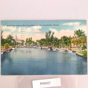 Vintage 1946 Linen Postcard New River West Fort Lauderdale Florida Boats